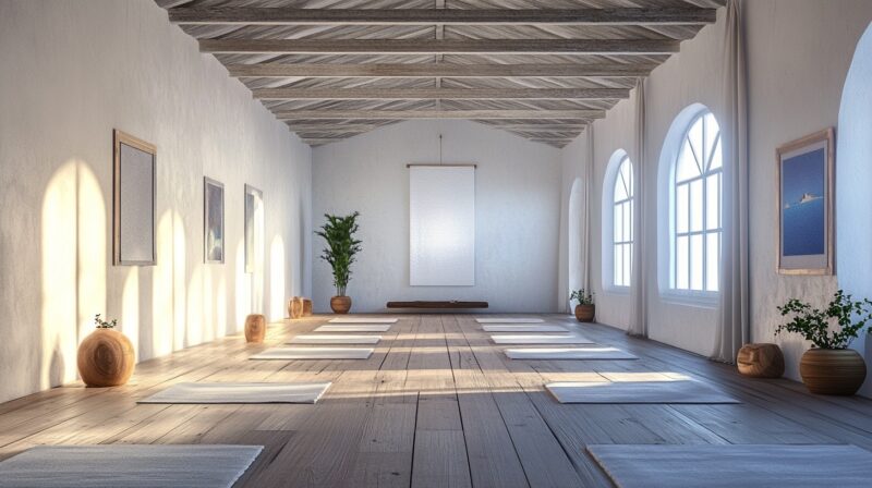 Bright, serene yoga studio with wooden floors, mats, and natural sunlight streaming through arched windows