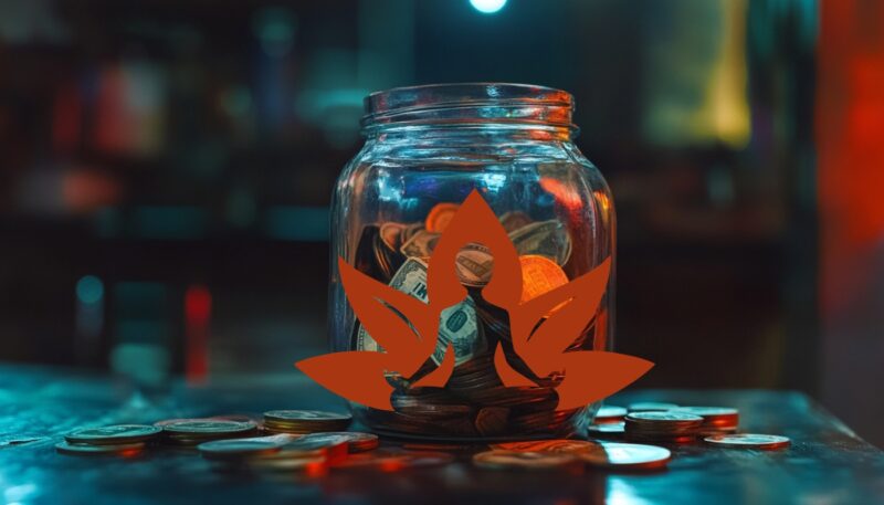 A jar filled with coins and currency bills, symbolizing financial growth, with a yoga lotus symbol overlay