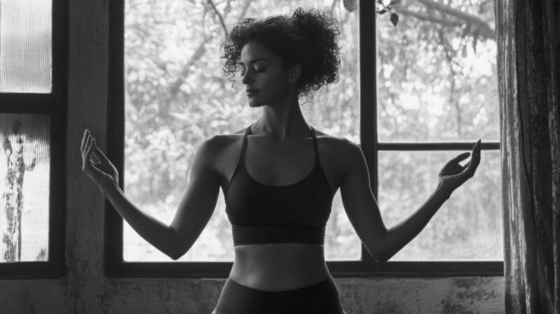 Black and white image of a woman practicing yoga, standing gracefully with arms extended in a serene indoor setting near a large window